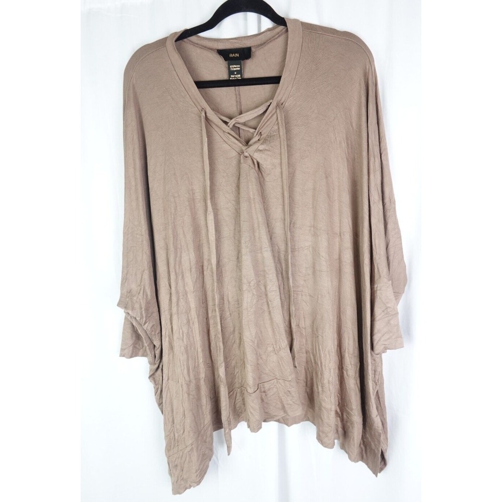RAIN Taupe Lace-Up Oversized Poncho Top M Draped Boho Minimalist Tunic Blouse
